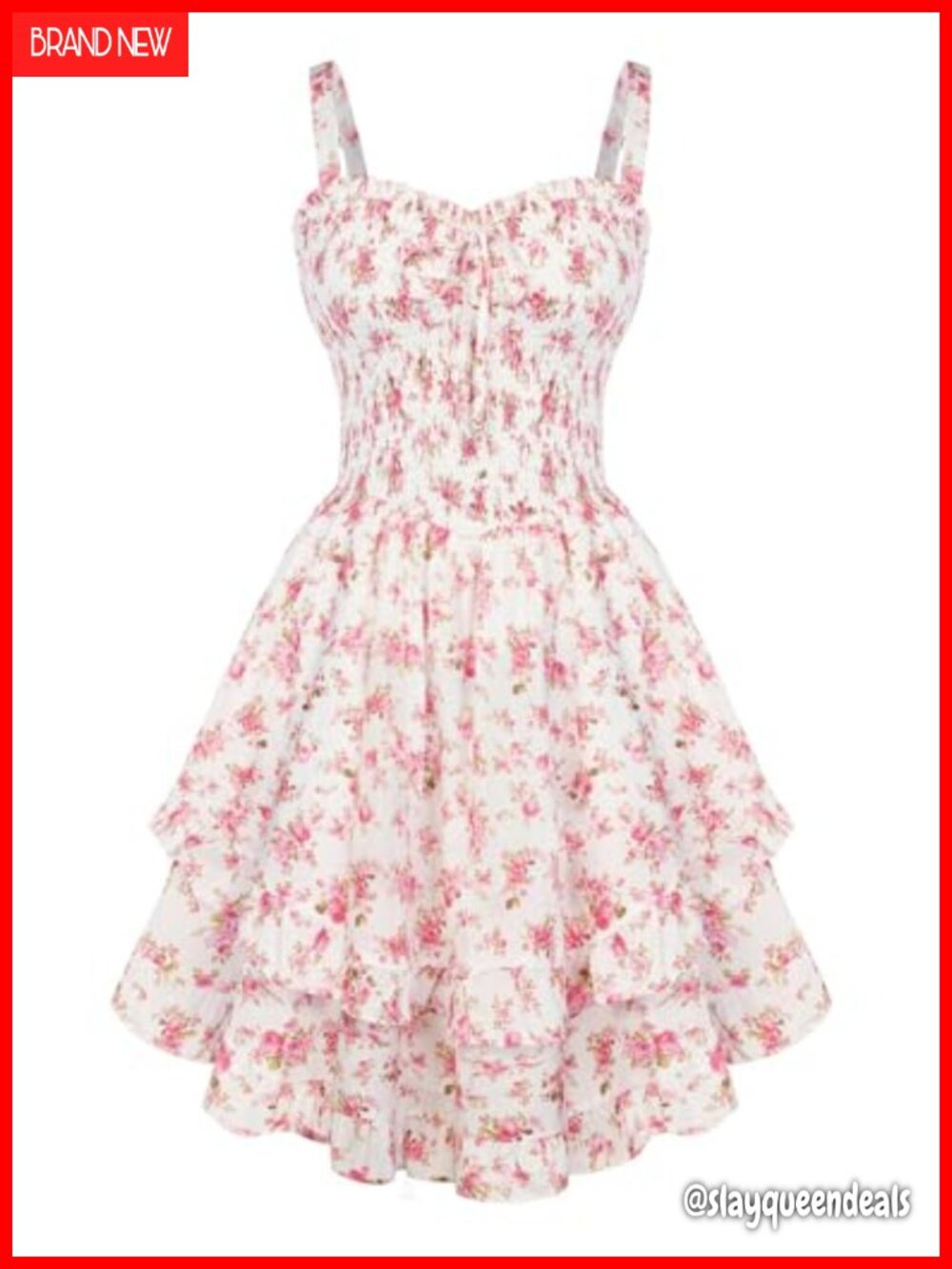 Scarlet Darkness Smocked Floral Sundress Ruffled Hem Side Pocket